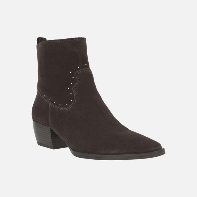 PAULINA ankle boots in chocolate brown suede with mini studs