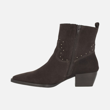 PAULINA ankle boots in chocolate brown suede with mini studs