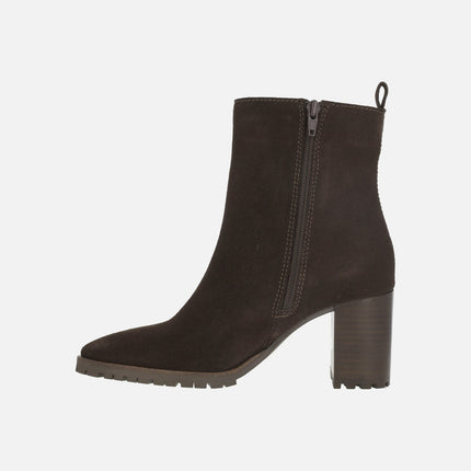 Women's high-heeled ankle boots in brown suede SIRI