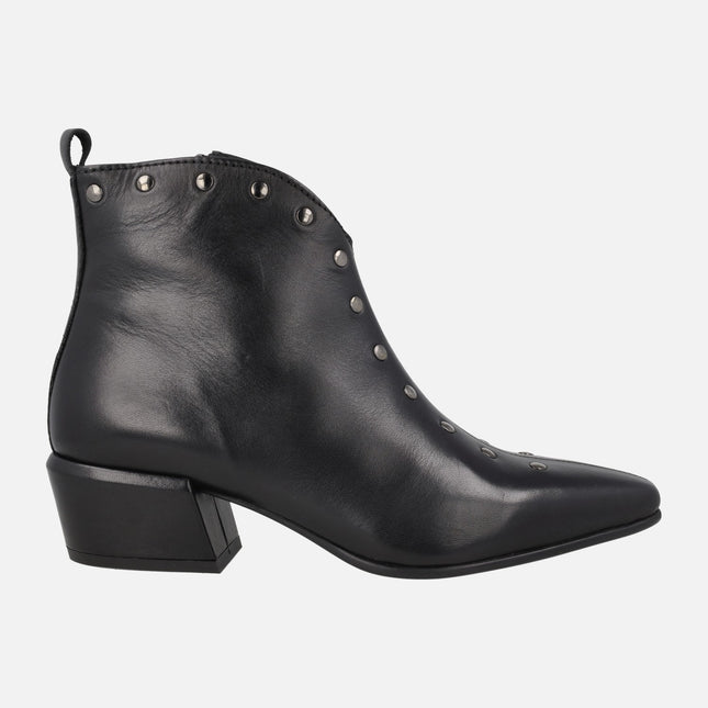 SILVIA ankle boots in black leather with silver studs