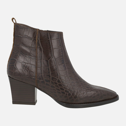 Carucedo women's heeled ankle boots in brown croco printed leather