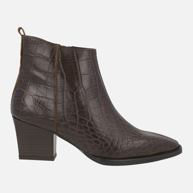 Carucedo women's heeled ankle boots in brown croco printed leather