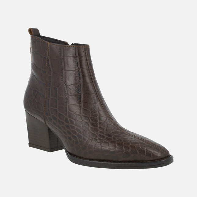Carucedo women's heeled ankle boots in brown croco printed leather