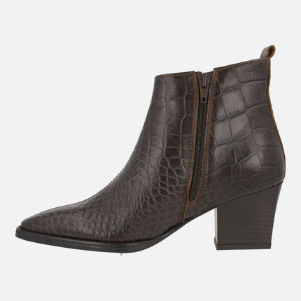 Carucedo women's heeled ankle boots in brown croco printed leather