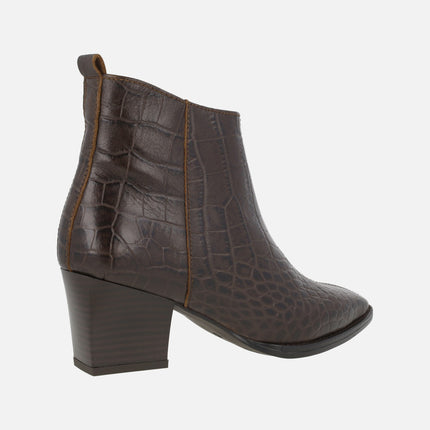 Carucedo women's heeled ankle boots in brown croco printed leather
