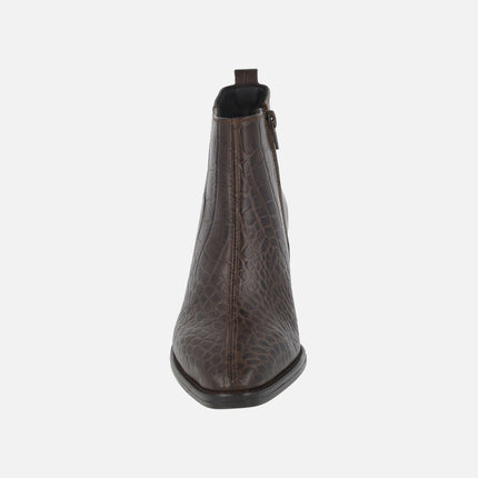 Carucedo women's heeled ankle boots in brown croco printed leather