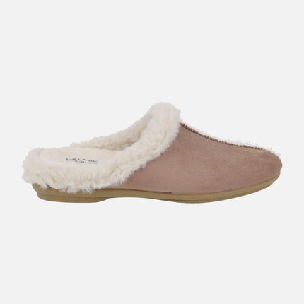 Barefoot house slippers for women in camel fabric with beige fur lining
