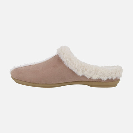 Barefoot house slippers for women in camel fabric with beige fur lining