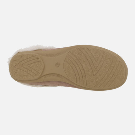 Barefoot house slippers for women in camel fabric with beige fur lining