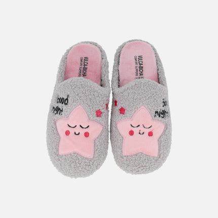 GOOD NIGHT women's house slippers with stars in gray and pink combi