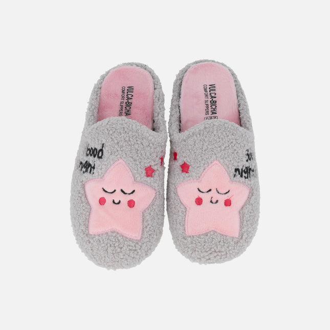 GOOD NIGHT women's house slippers with stars in gray and pink combi