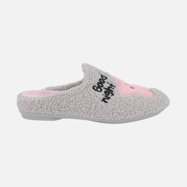 GOOD NIGHT women's house slippers with stars in gray and pink combi