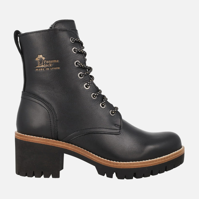 Botas de tacón Padma en piel negra con cordones y forro de pelo