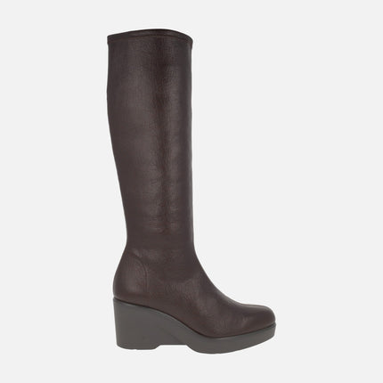 Wedged high boots in leather effect fabric with Eco Dry solutions