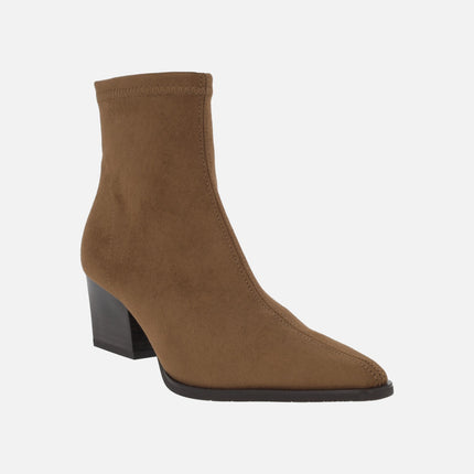 Heeled ankle boots with pointed toe in suede-effect fabric