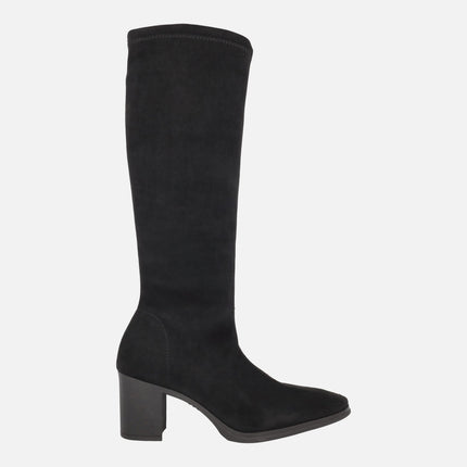 High wide-heeled boots in elastic suede-effect fabric