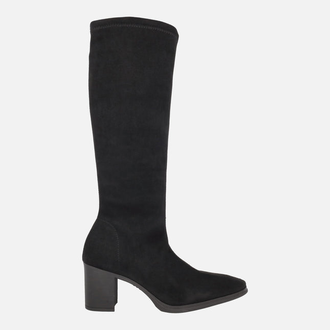 Botas altas de tacón ancho en tejido elástico efecto ante