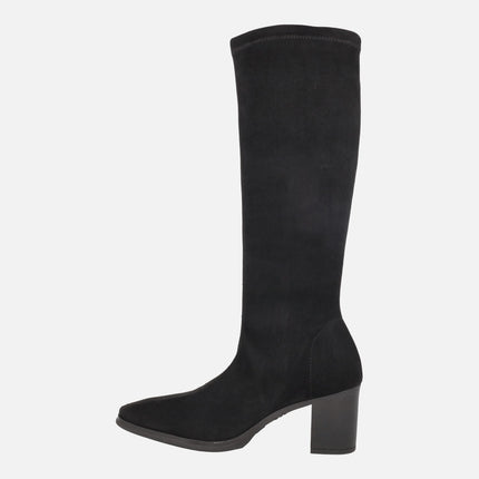 High wide-heeled boots in elastic suede-effect fabric