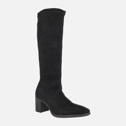 High wide-heeled boots in elastic suede-effect fabric