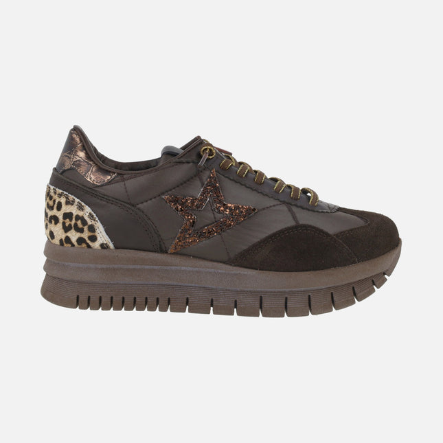 Platform sneakers in chocolate brown with touches of glitter and leopard