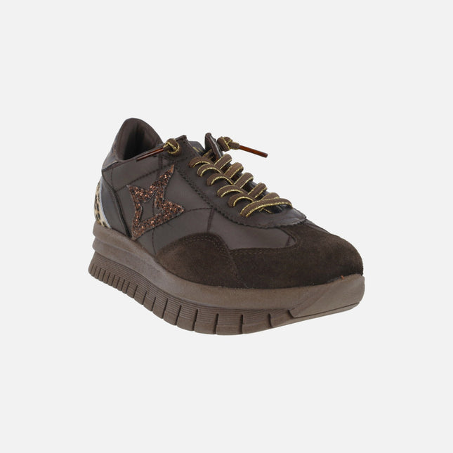 Platform sneakers in chocolate brown with touches of glitter and leopard