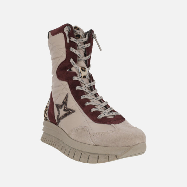 Boxing-style high-top sneakers with platform in beige combination