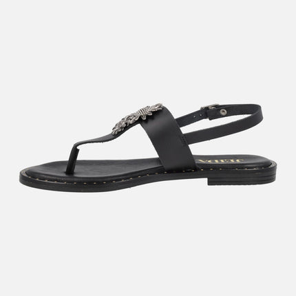 Sandalias de dedo en piel negra con flores plateadas
