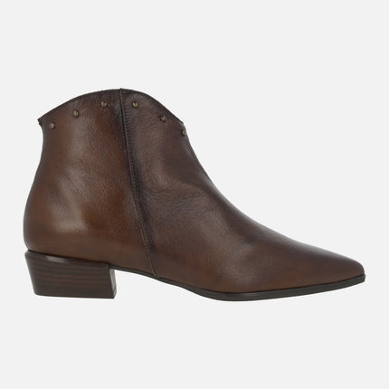 Leather ankle boots with studs and low heel