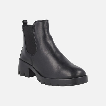 Comfort heeled ankle boots in black leather with side elastic