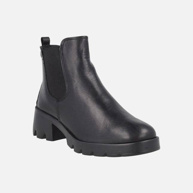 Botines confort de tacón en piel negra con elástico lateral
