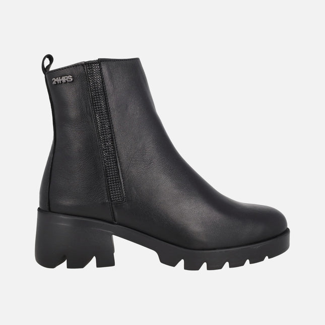 Botines confort de tacón en piel negra con tira de strass