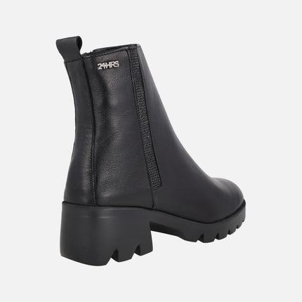 Botines confort de tacón en piel negra con tira de strass