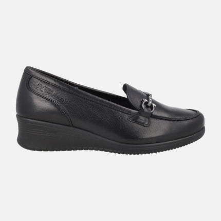 Women's comfort shoes in black leather with decoration and wedge