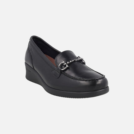 Women's comfort shoes in black leather with decoration and wedge