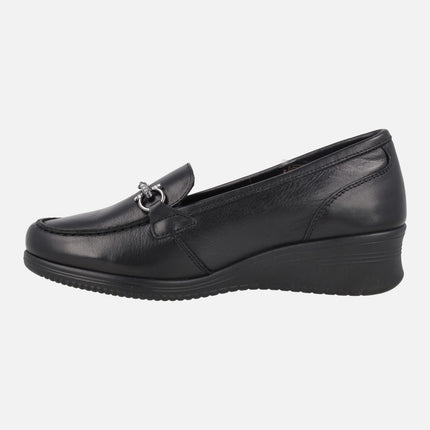 Women's comfort shoes in black leather with decoration and wedge