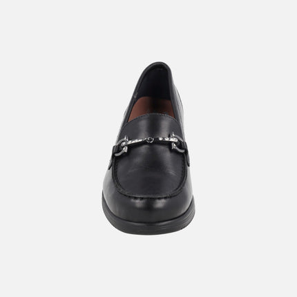 Women's comfort shoes in black leather with decoration and wedge