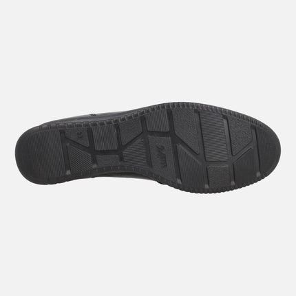 Women's comfort shoes in black leather with decoration and wedge
