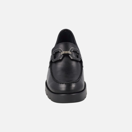 Comfort heeled loafers in black leather with decoration