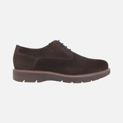 Lace-up blucher shoes in brown suede with blue laces