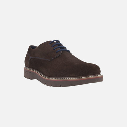 Lace-up blucher shoes in brown suede with blue laces