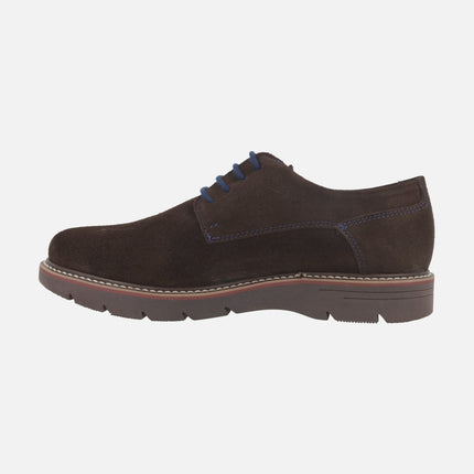 Lace-up blucher shoes in brown suede with blue laces