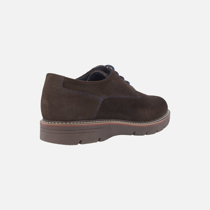 Lace-up blucher shoes in brown suede with blue laces