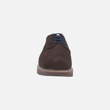 Lace-up blucher shoes in brown suede with blue laces