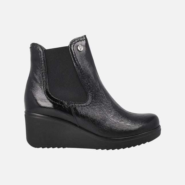Women's black patent leather ankle boots with 6 cm wedge