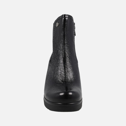 Women's black patent leather ankle boots with 6 cm wedge