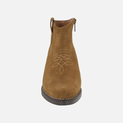 Cowboy style ankle boots in suede with embroidery detail
