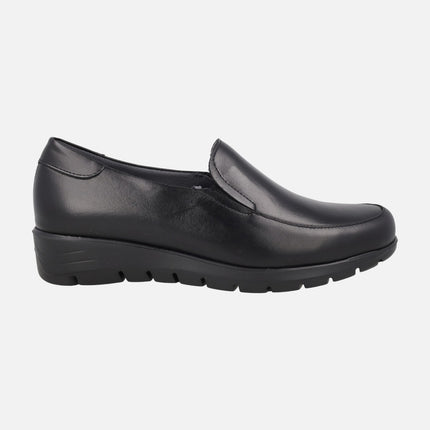 Black leather loafers with elastics and Gum Light rubber outsole