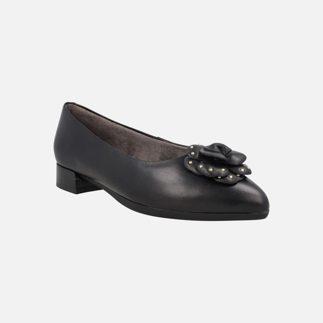 Black leather ballerinas with flower decoration and gold studs