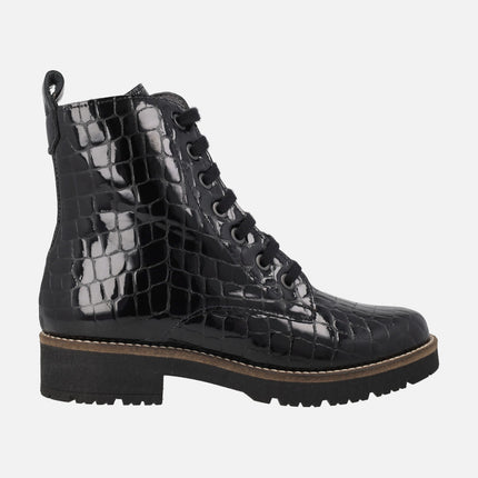 Botines confort con cordones en piel coco charol negro