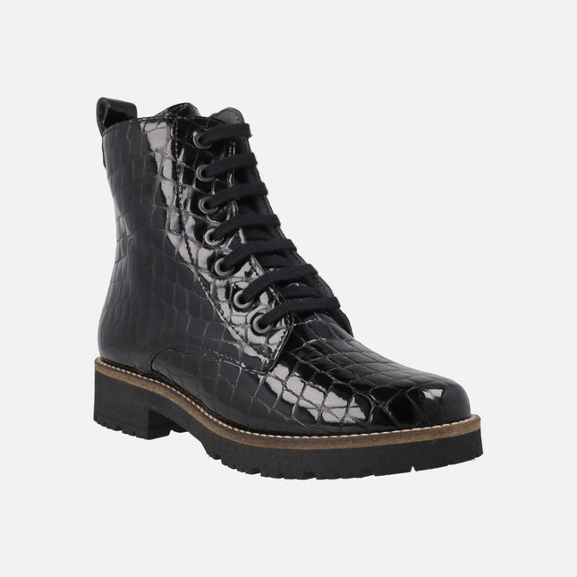 Botines confort con cordones en piel coco charol negro